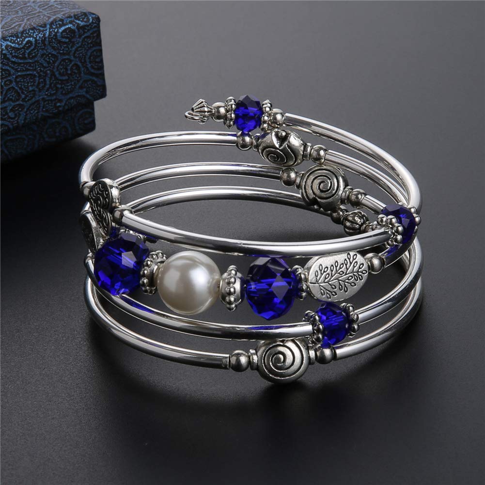 PEARL&CLUB Bead Crystal Wrap Bangle Bracelet - Fashion Jewelry Beaded Bracelet with Silver Metal, Gifts for Women(92-Sapphire)