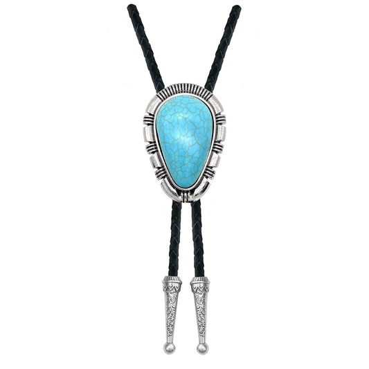 YOQUCOL Droplet Shape Blue Turquoise Stone Bolo Tie Native Western Cowboy Bola Tie Hand-woven Leather Necktie for Men Women