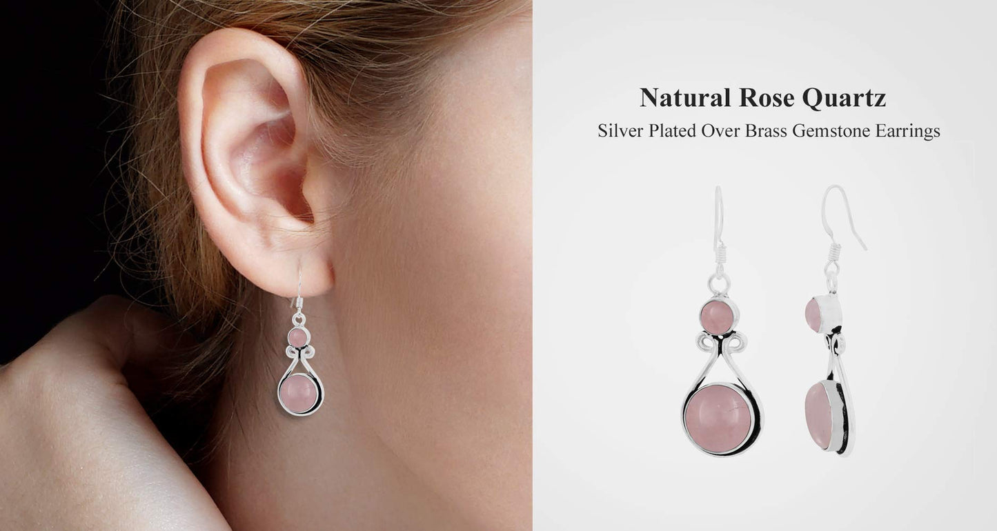 Natural Rose Quartz Silver Plated Dangle Earrings for Women - Januray Birthstone Round Gemstones Drop Earrings Handmade Jewelry - Valentine's Day Gift for Her