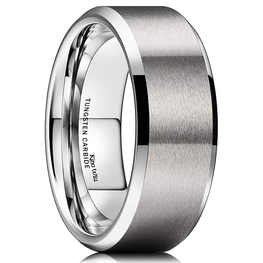 King Will 8mm Men's Silver Wedding Ring - Brushed Matte Surface, Beveled Polished Edge, Comfort Fit Size 9