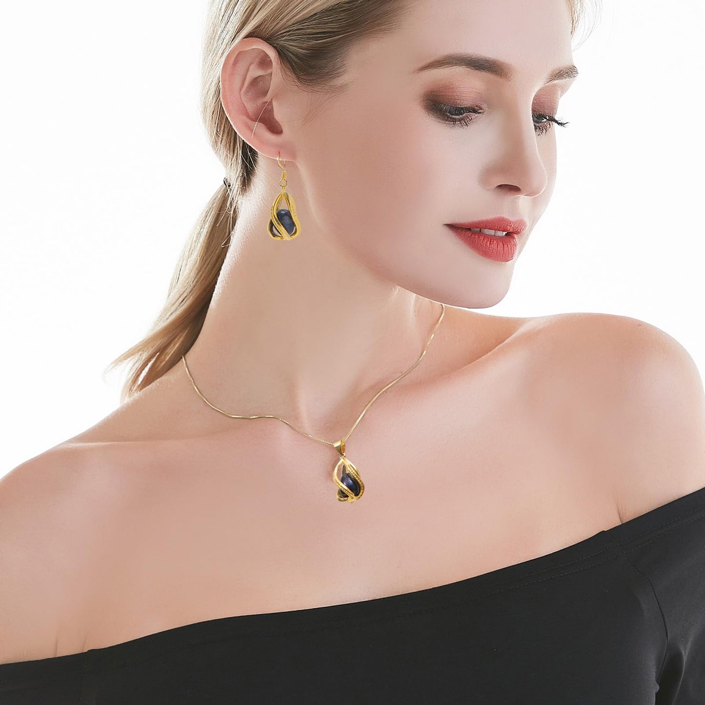 HENGSHENG Pearl Jewelry Set For Women 14K Gold Plated Necklace & Earrings Set Freshwater Pearl Pendant Cage Set for Wedding Anniversary Prom Birthday Gift - Golden Black