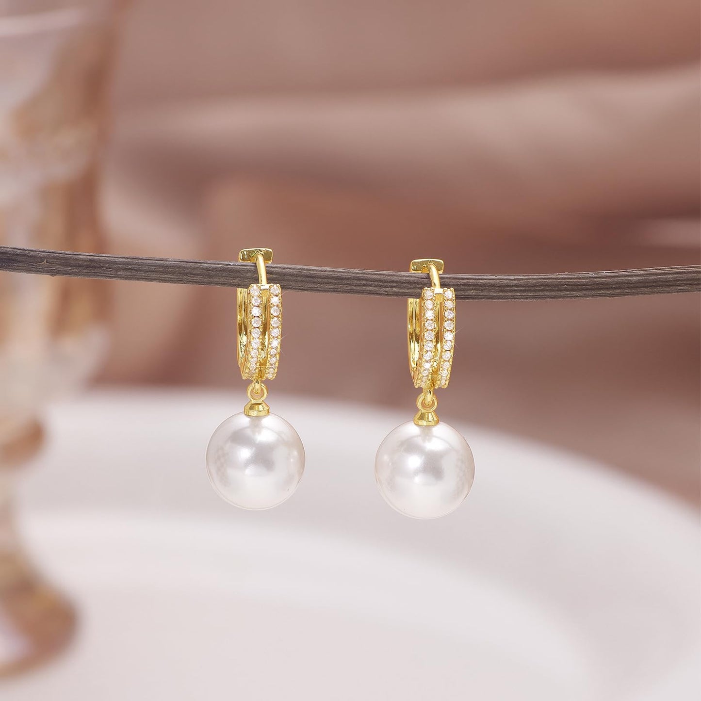 Pearl Earrings for Women 14K Gold Plated Hypoallergenic Pearl Earrings 5A Cubic Zirconia Dangle Earrings Elegant Jewelry (4-Gold)