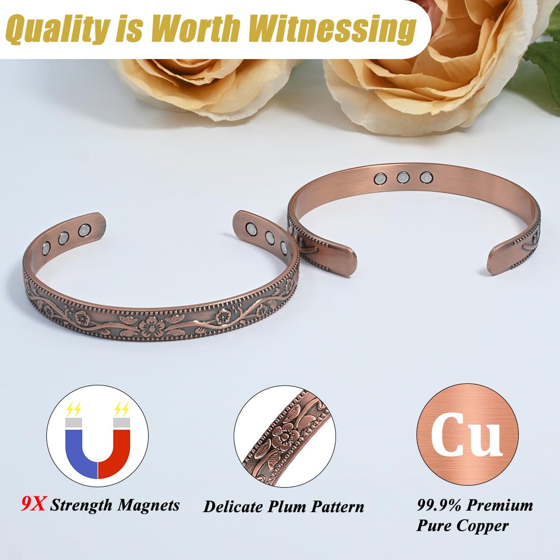 Vicmag Copper Magnetic Bracelet for Women and Men Ultra Strength Magnets 99.9% Pure Copper Strong Magnets Jewelry Gift Adjustable Length