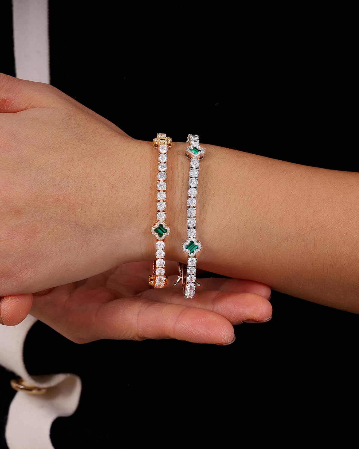 LuxeFlex 4mm Iced Out Clover Tennis Bracelet, White Gold Plated with 5A Zircon Stones, Handmade exquisite Hip Hop Jewelry, Perfect Unisex Gift (Gold-Green,7)