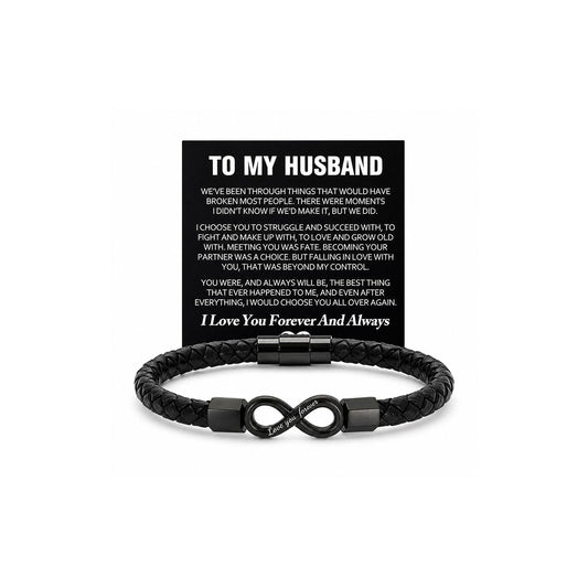 To My Husband Bracelet, Stainless Steel Engraved Love You Forever Black Braided Leather Promise Wristband Bracelets With Encouragement Message Card Anniversary Birthday Jewelry Gift (Husband Infinity-21)