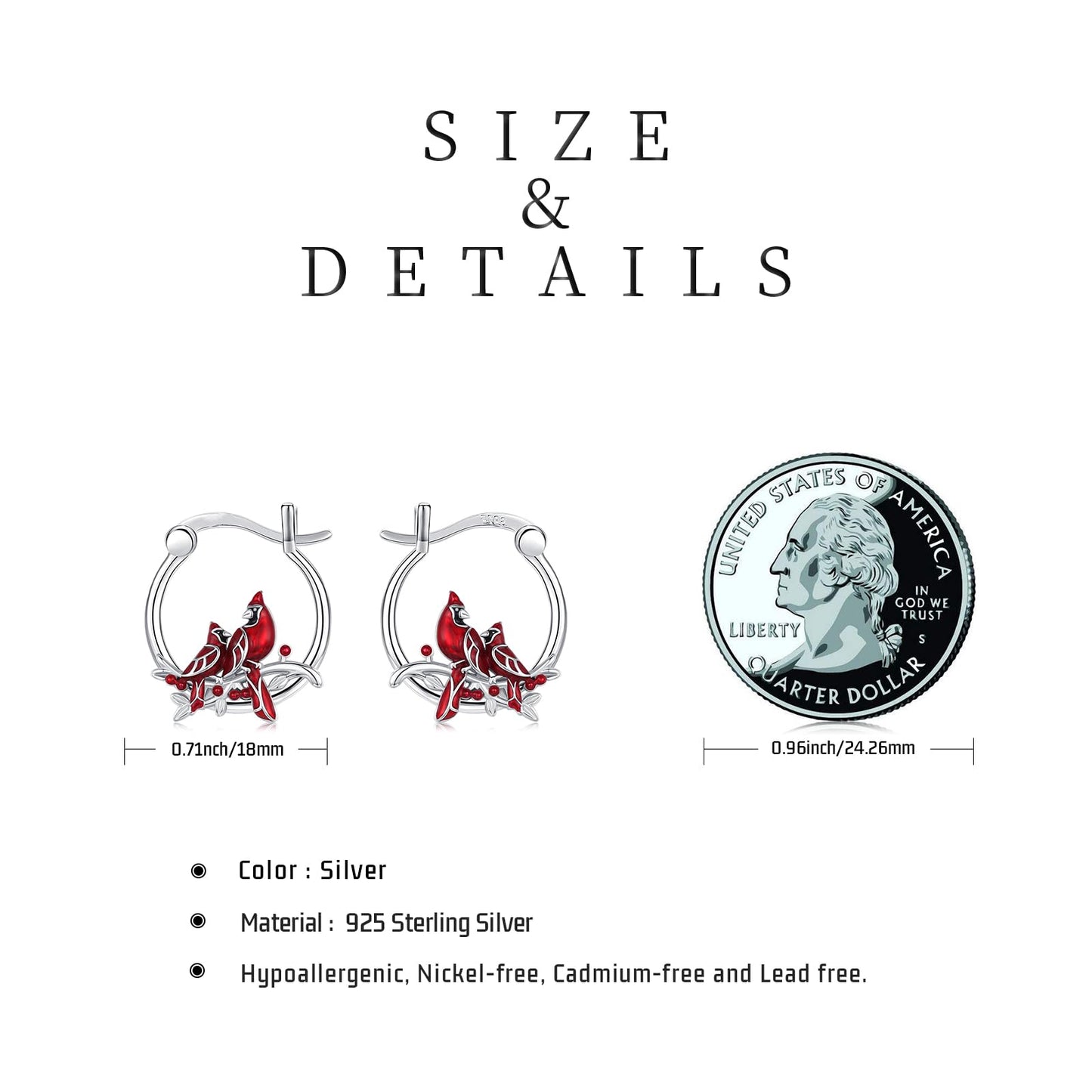 JUSTKIDSTOY Cardinal Earrings 925 Sterling Silver 2 Red Bird Hoop Earrings Jewelry Cardinal Gifts for Women Mother Grandma