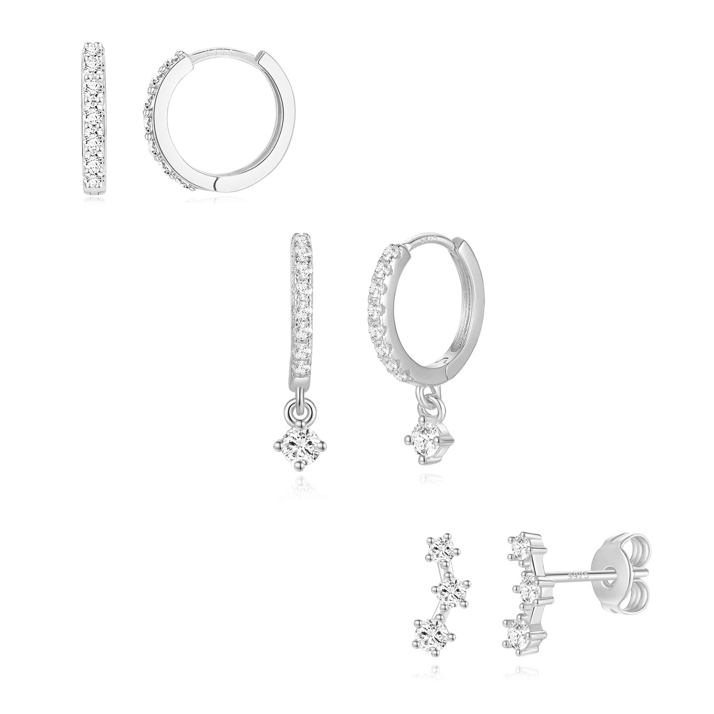 Angelady 3 Pairs 925 Sterling Silver Hoop Earrings Set for Women, Small Silver Hypoallergenic Earrings, Dainty Huggie Earrings for Multiple Piercing, Cartilage Silver Earring Stack for Women Gifts