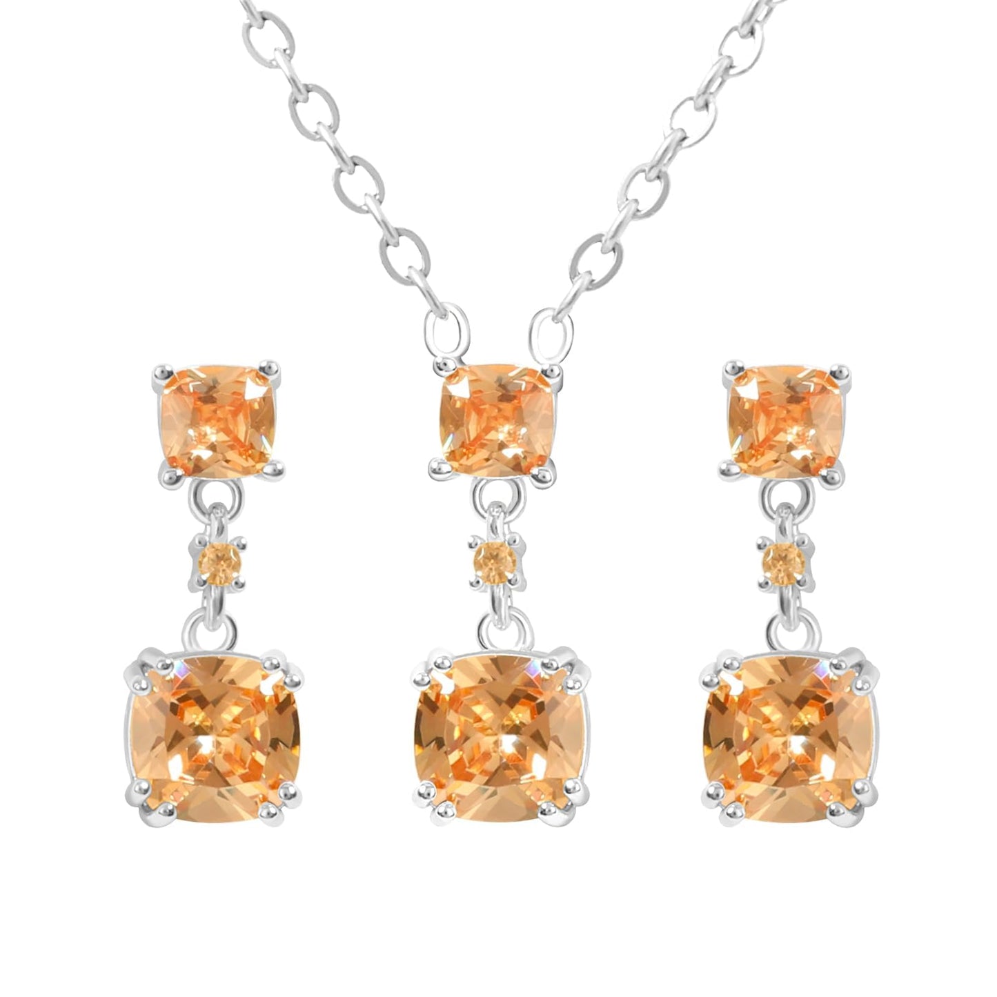 TaYolnFaSo Champagne Cubic Zirconia Jewelry Sets for Women White Gold Plated Cushion-Cut Necklace Earring Set Champagne Jewelry Birthday Gifts for Mother