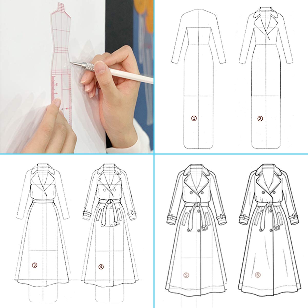EXTCCT Fashion Drawing Template Ruler Set, Woman Sewing Humanoid Patterns Design, Clothing Measuring French Curve Rulers A4 Pattern Paper Draft Drawings