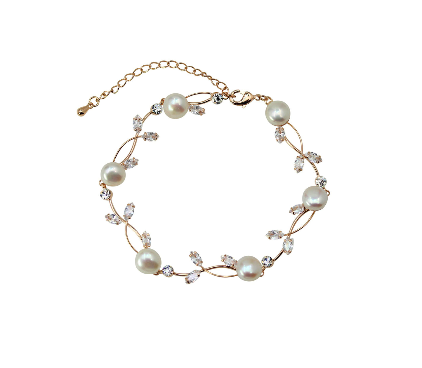 Faship Clear CZ Crystal Genuine Freshwater Pearls Floral Bracelet 7.5" - 9.5" - Clear/Rose Gold Plated/Matching Bracelet