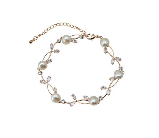 Faship Clear CZ Crystal Genuine Freshwater Pearls Floral Bracelet 7.5" - 9.5" - Clear/Rose Gold Plated/Matching Bracelet