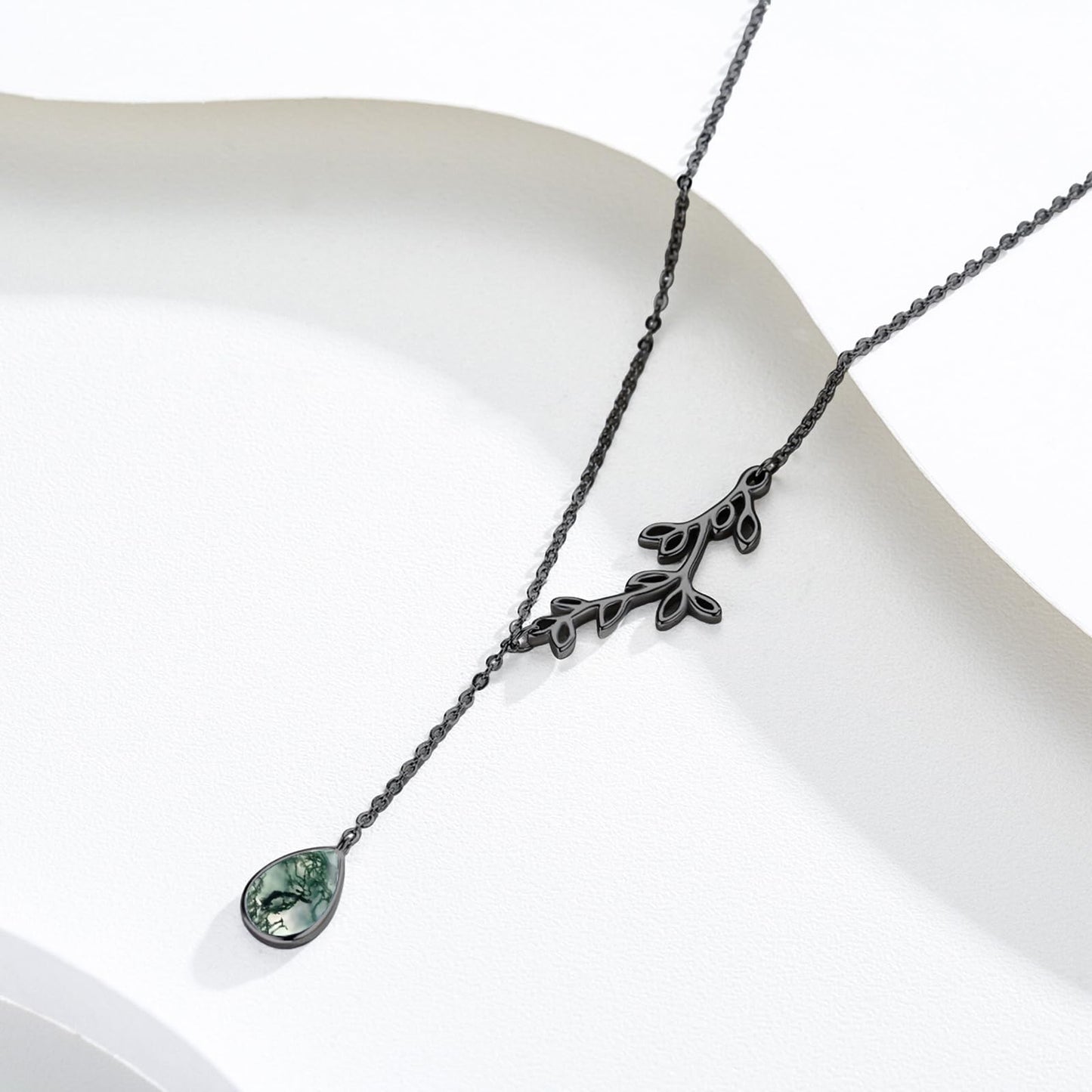 Silikepa Leaf Necklace for Women 925 Sterling Silver Black Leaf Pendant Necklace Y Chain with Moss Agate Jewelry Gifts for Women