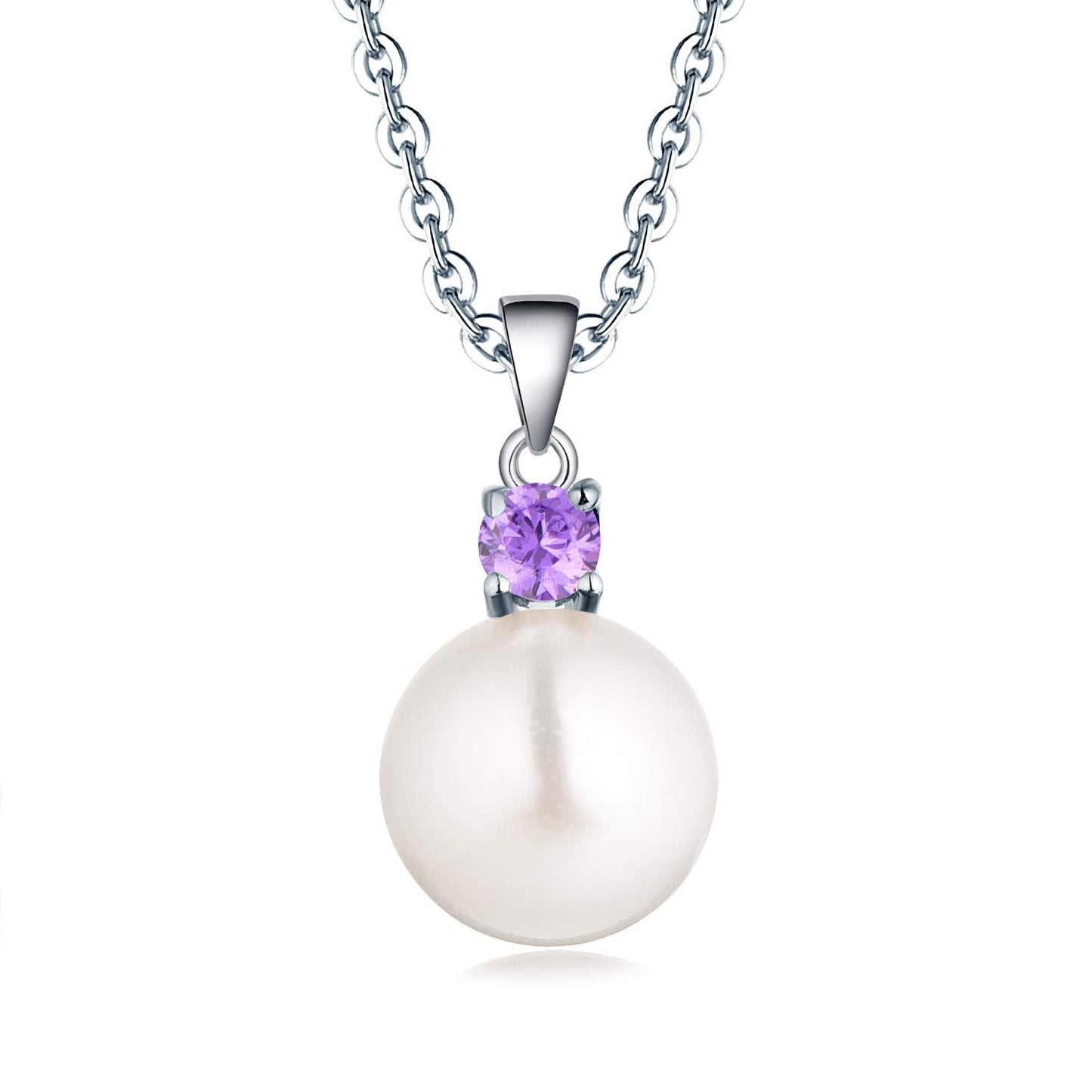 JO WISDOM Pearl Necklace,925 Sterling Silver Cubic Zirconia 10mm White Freshwater Pearl Pendant Necklace,Amethyst June Birthstone Jewelry for Women