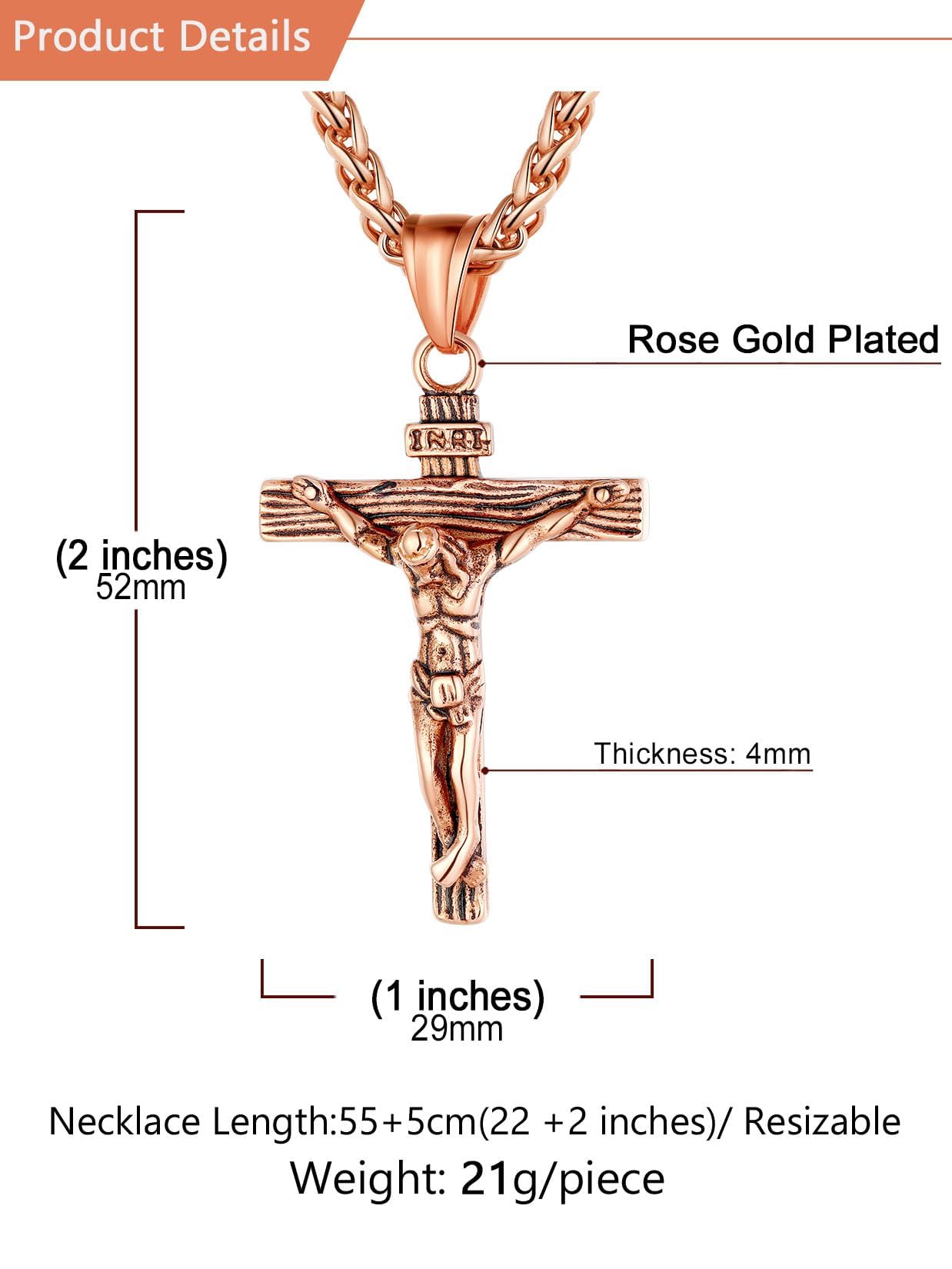 U7 Crucifix Cross Necklace Stainless Steel Crucifix Necklace Cross Pendant for Men with Rope Chain 22"(Rose Gold)