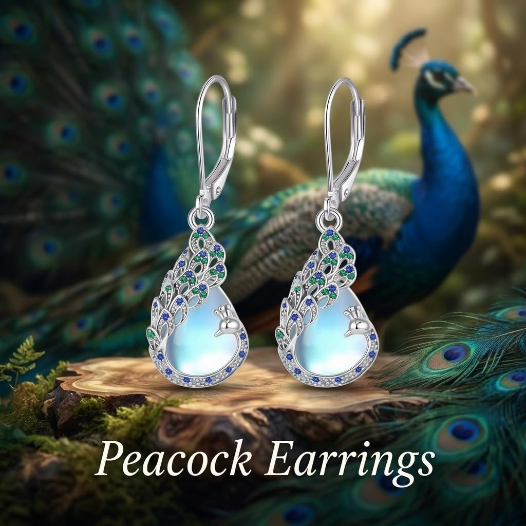 LUANIOL Peacock Earrings 18K White Gold Plated Moonstone Dangle Earrings Peacock Jewelry Gifts for Women