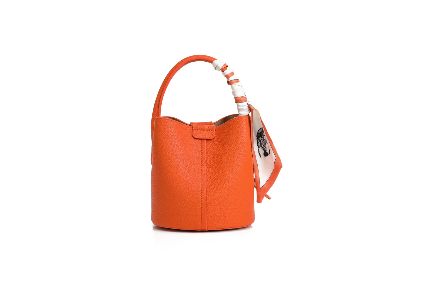 Women's small crossbody bag made of synthetic leather, mini bucket style shoulder bag with scarf, detachable shoulder strap (orange)