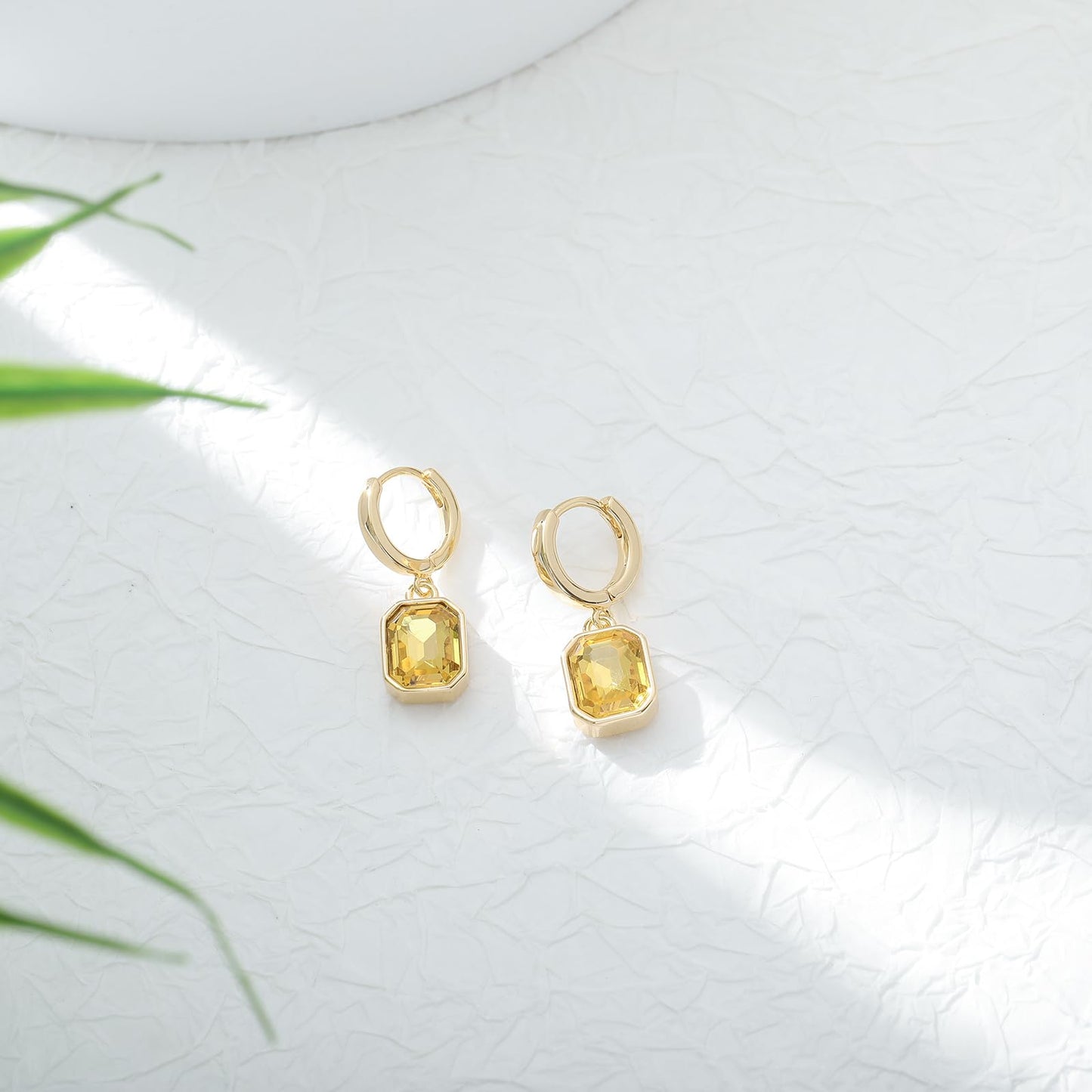 Birthstone Crystal Dangle Drop Earrings, 18K Gold Plated Huggie Hoop Hypoallergenic Earring Jewelry Gifts for Women (Yellow)