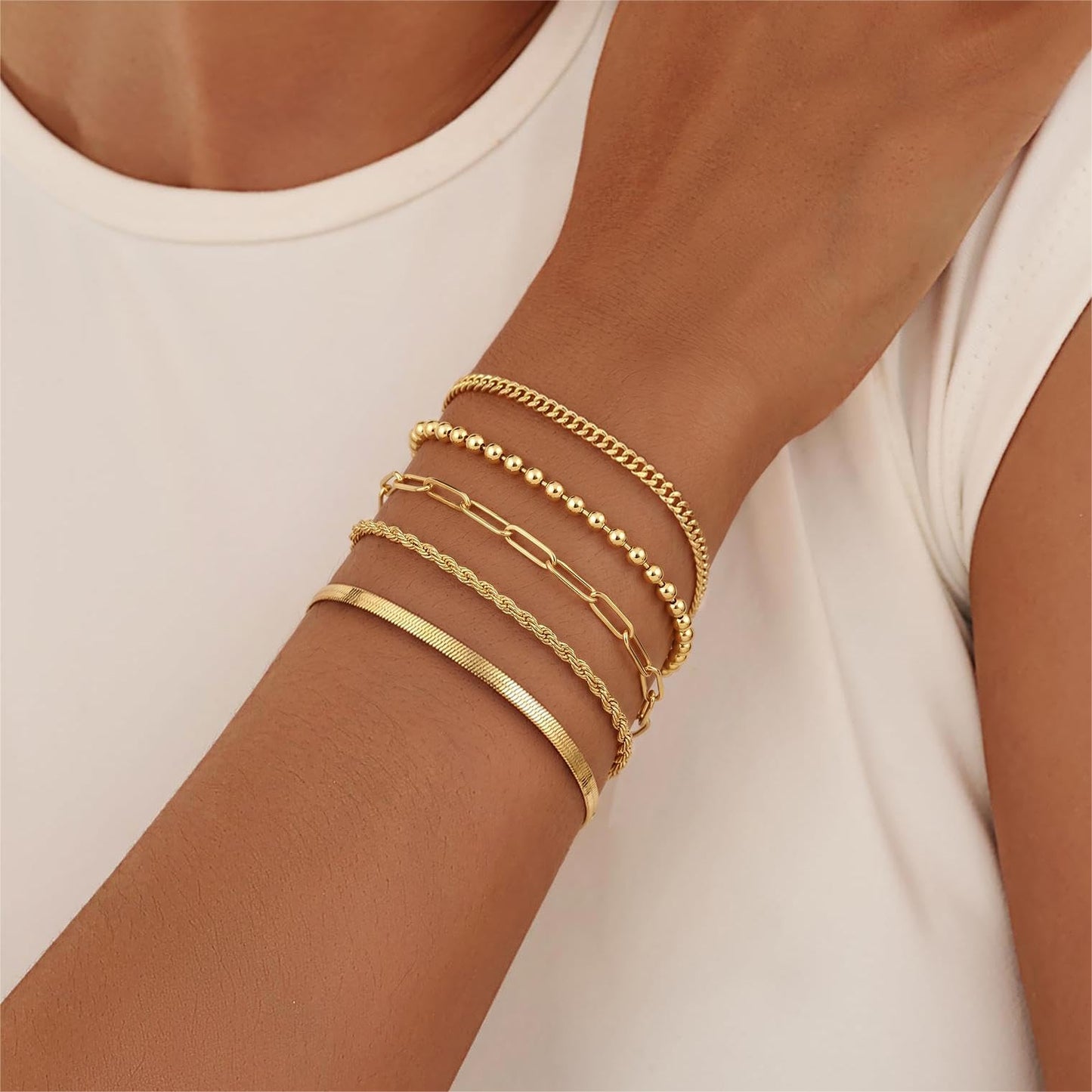 Gold Bracelets for Women Stack Non Tarnish, 14K Gold Plated Stackable Bracelets Set for Women Trendy, Waterproof Simple Jewelry Sets Gifts Inclued Beaded/Cuban/Paperclip/Herringbone/Rope Link Chian, Fashion Accessories