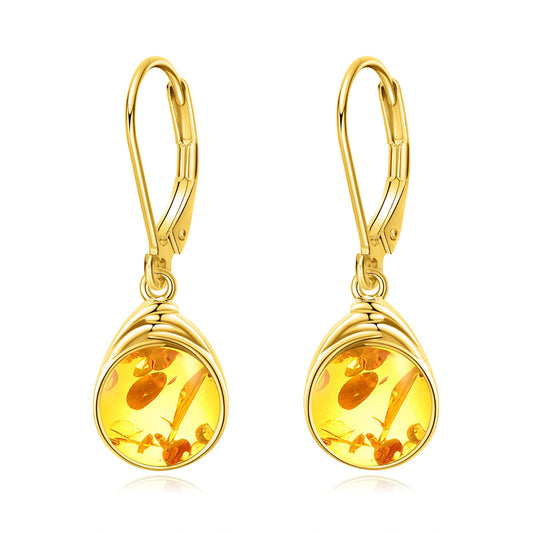 POPLYKE Amber Earrings Gold Plated Dangle for Women 925 Sterling Silver Leverback Earrings Teardrop Amber Jewelry Gifts Christmas Birthday