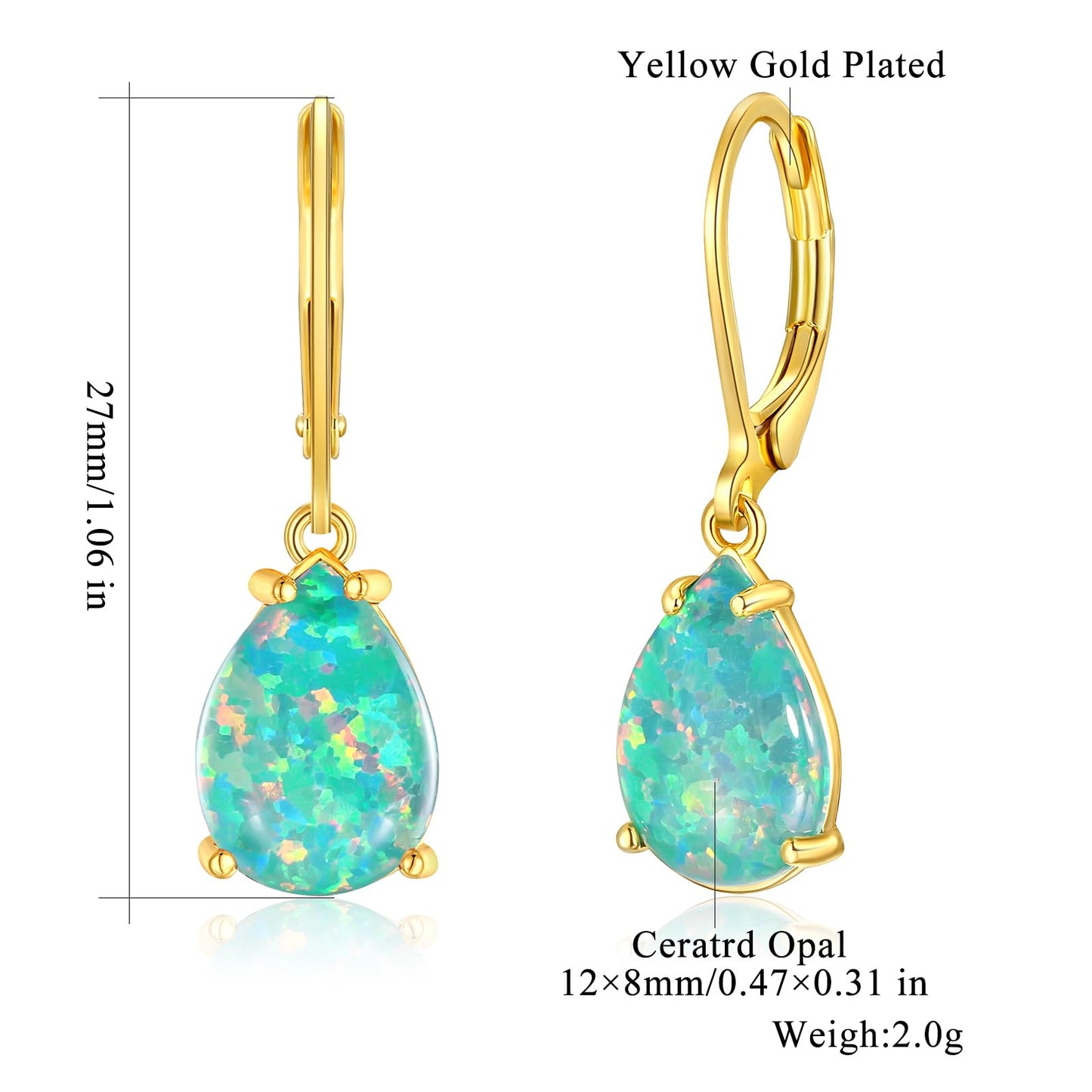 CiNily Teardrop Leverback Dangle Earrings for Women Hypoallergenic Dark Green Opal Pendant Drop Earrings 14K Yellow Gold Plated Hanging Lever Earrings Fashion Party Jewelry