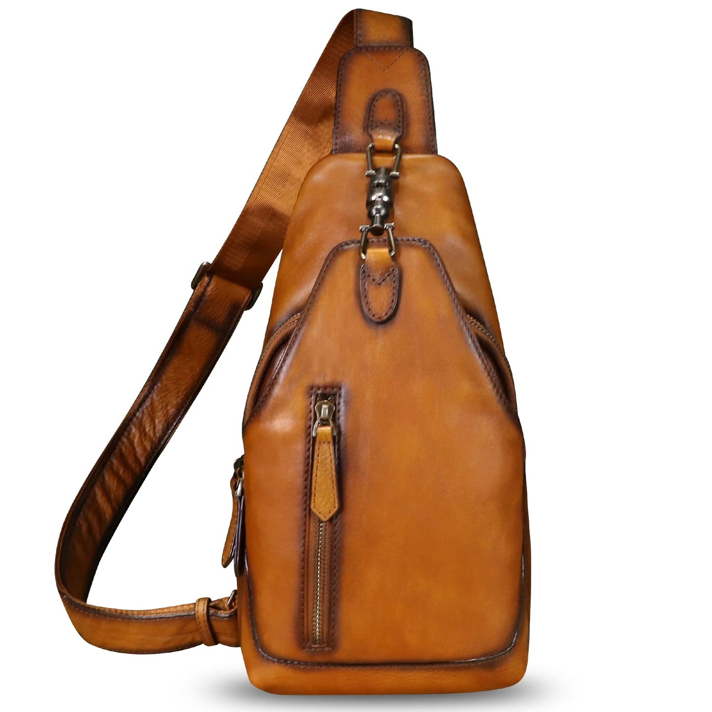 LRTO Genuine Leather Sling Bag Crossbody Purse Motorcycle Bag Handmade Hiking Daypack Retro Shoulder Backpack Vintage Chest Bag (Brown)
