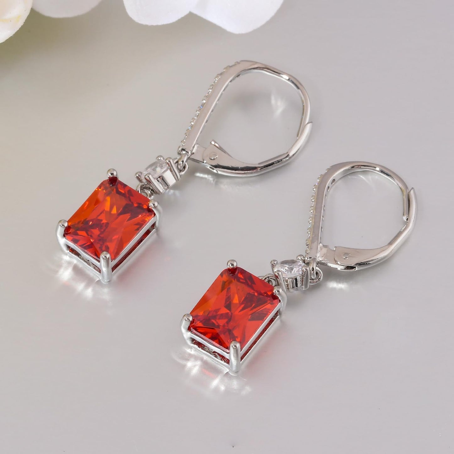 CiNily Rectangular-cut Drop Dangle Earrings Hypoallergenic, 14K White Gold Plated Red Cubic Zircon Earrings Diamond Dangle Earrings Jewelry for Sensitive Ear