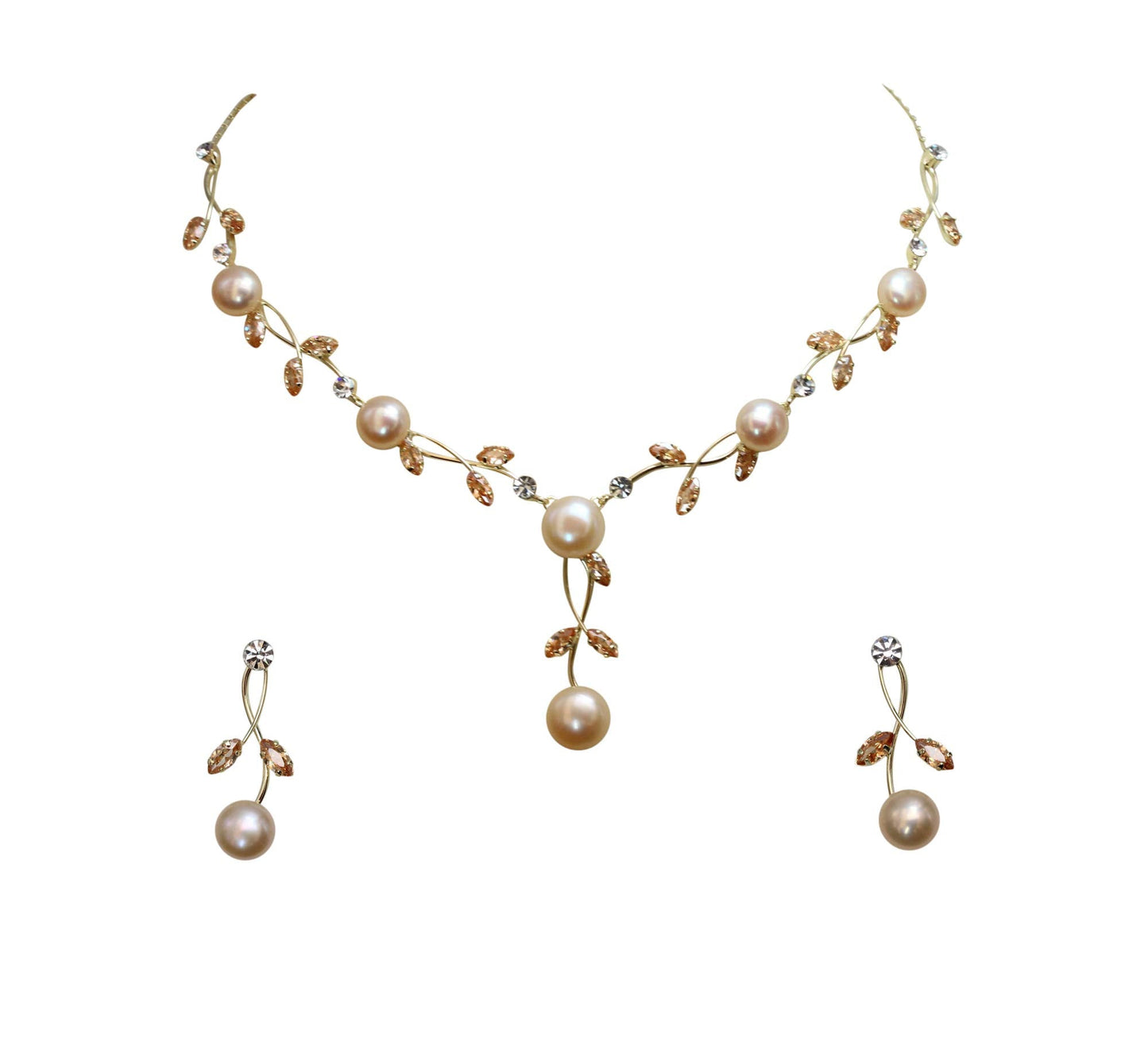 Faship Champagne Brown CZ Crystal Pink Genuine Freshwater Pearls Floral Necklace Earrings Set - Topaz Color Brown