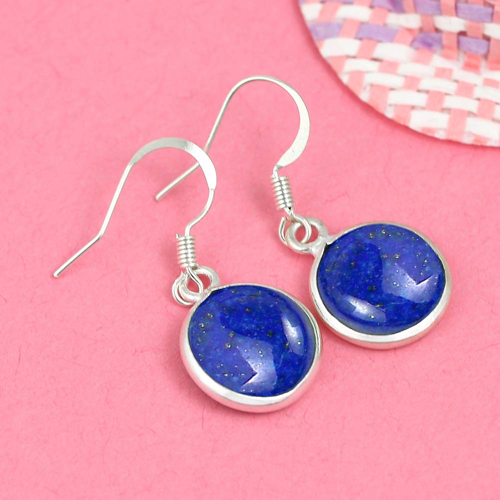 Natural Lapis Lazuli 925 Silver Plated Dangle Earrings for Women - Round Shape Blue Color Gemstone September Birthstone Handmade Jewelry Earrings - Mother's Day Gift for Mom