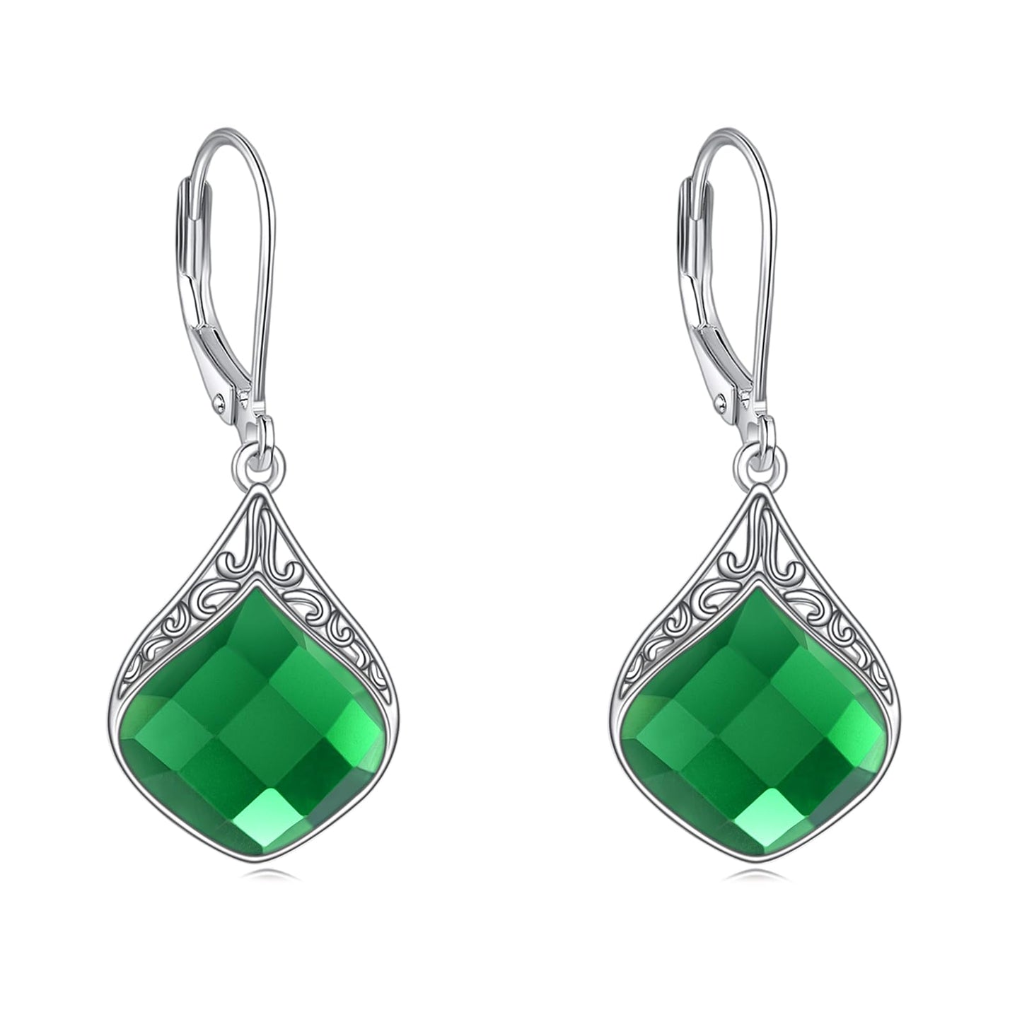 Emerald Drop Earrings Sterling Silver Green Stone Teardrop Dangle Earrings Filigree Irish Earrings Jewelry Christmas Gifts for Women