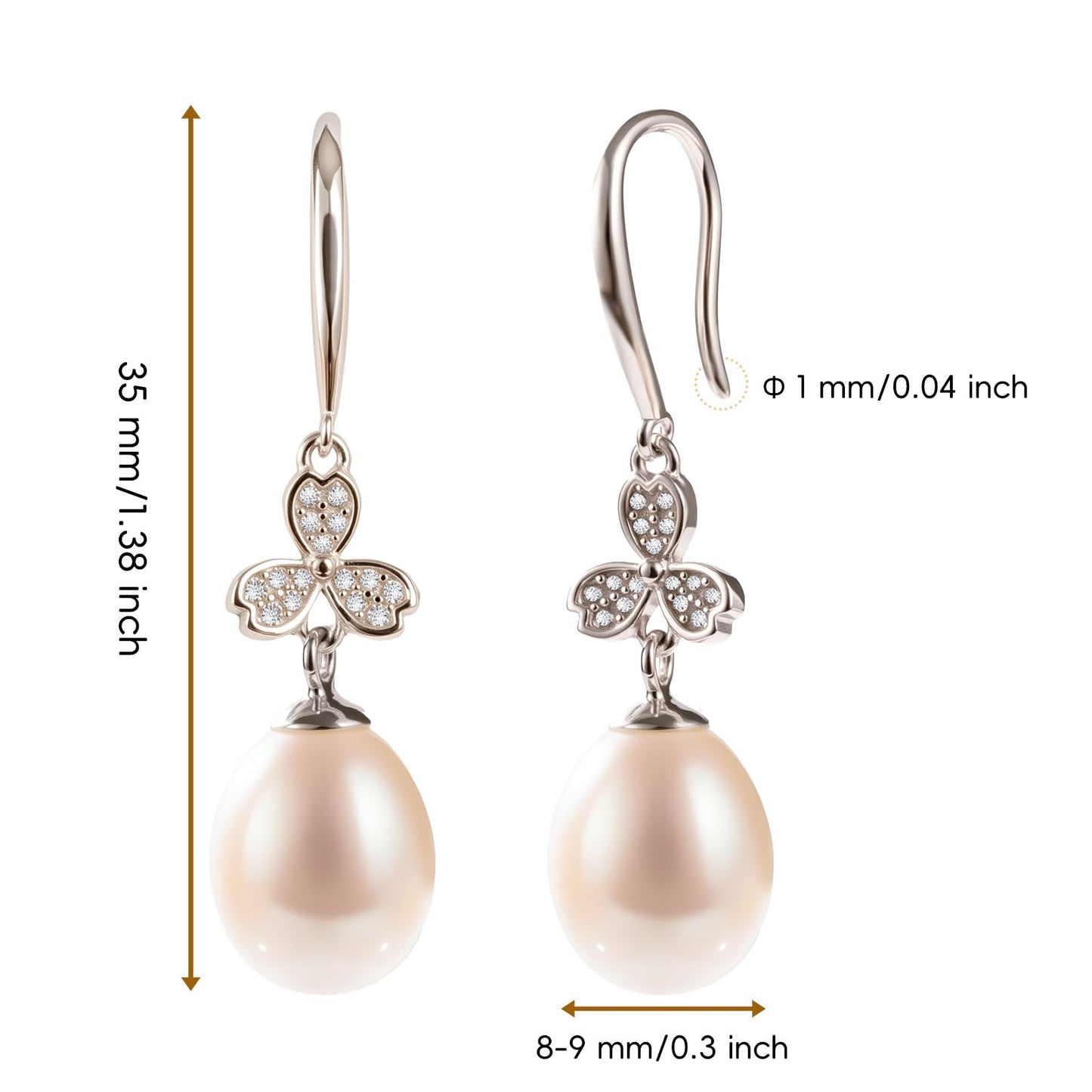 Pearl Drop Earrings for Women, Gold Plated & 925 Sterling Silver, Pink & White Dangle Earrings, Dainty Cute Elegant Bridal Wedding Gift for Her