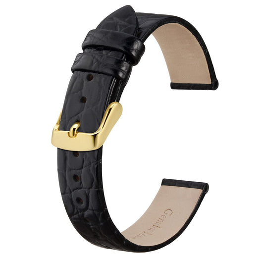 BISONSTRAP Watch Straps for Women, Crocodile Pattern Leather Thin Watch Replacement Bands,12mm, Black with Gold Buckle