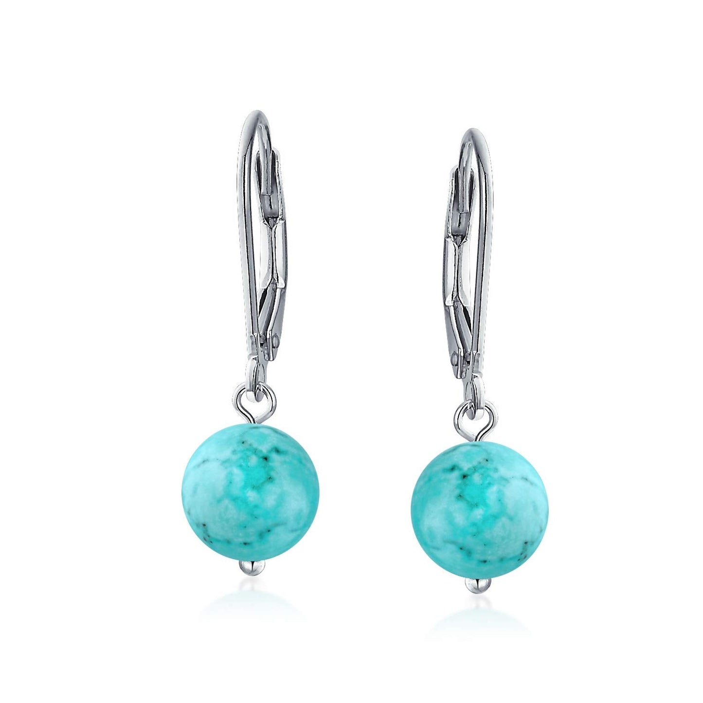 Bling Jewelry Timeless .925 Sterling Silver Blue Turquoise Bead 8mm Ball Drop Earrings Lever Back Genuine Gemstone December Birthstone