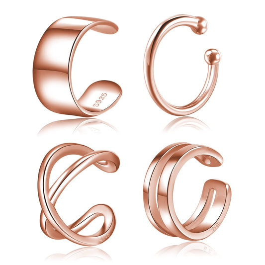Ear Cuffs Rose 18K Gold Plated 925 Sterling Silver Fake Ear Cuffs Non Piercing Ear Conch Clip on Cartilage Earrings for Women Men 4 Various Styles