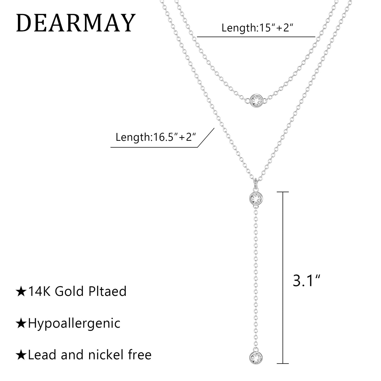 Poaiiu Lariat Sliver Plated Necklace for Women, Sliver Plated Dainty Long Layered Y Necklaces CZ Pendant Choker Necklace Simple Trendy Jewelry Gift for Women