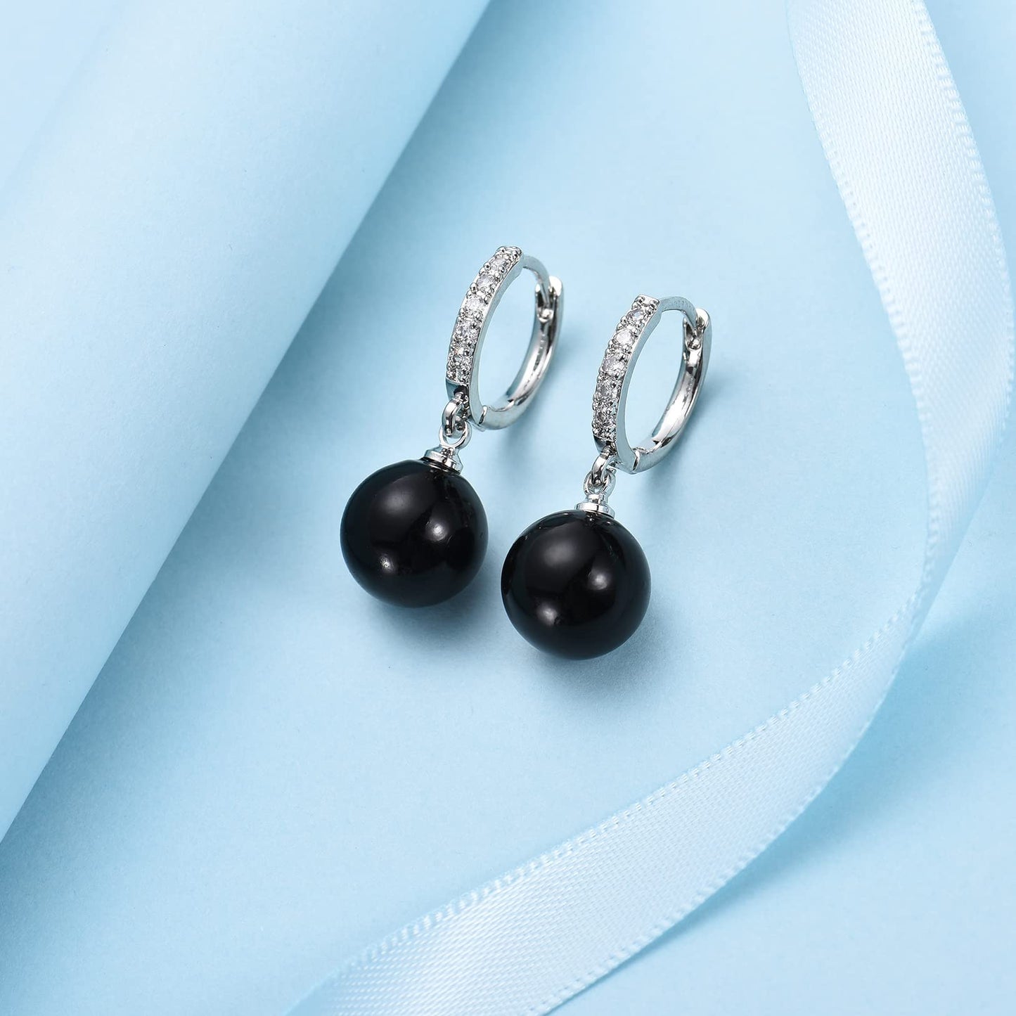 CERSLIMO Black Pearl Drop Earrings for Women | S925 Sterling Silver Post Simulated Shell Pearl Hoop Dangle Earrings, Hypoallergenic Cubic Zirconia Huggies Earrings Jewelry