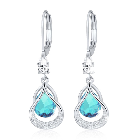 Dangle Trendy Leverback Birthstone Earrings Sliver Plated Teardrop Dangle Earrings Jewelry Christmas Birthday Gifts for Women (Sliver December)