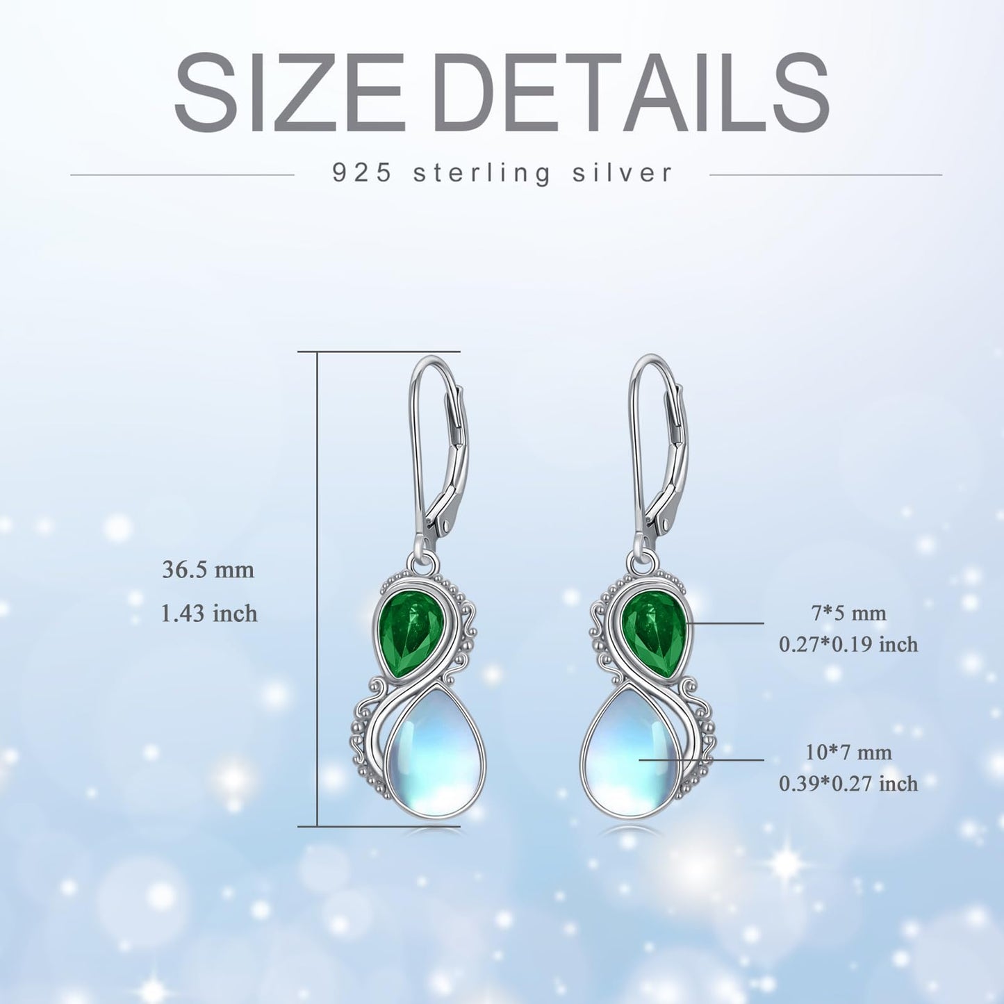 Moonstone Earrings 925 Sterling Silver Vintage Dangle Drop Leverback Earrings with Emerald Green May Birthstone Jewelry Gifts for Women