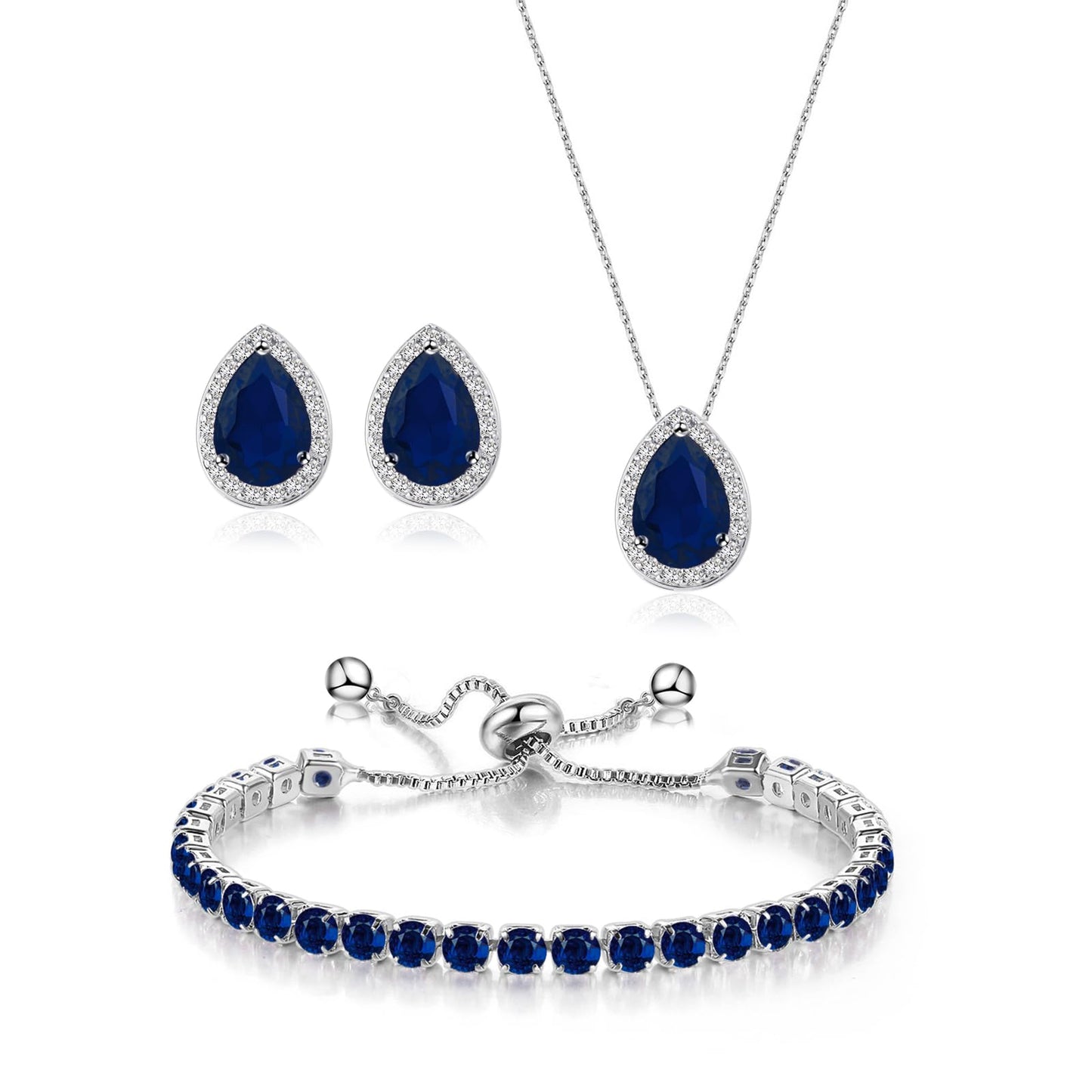 UDYLGOON Teardrop CZ Bridal Jewelry Set Imitation Diamond Earrings Necklace Bracelet for Bride Bridesmaids Wedding Prom Party (Tenni-Royal Blue)