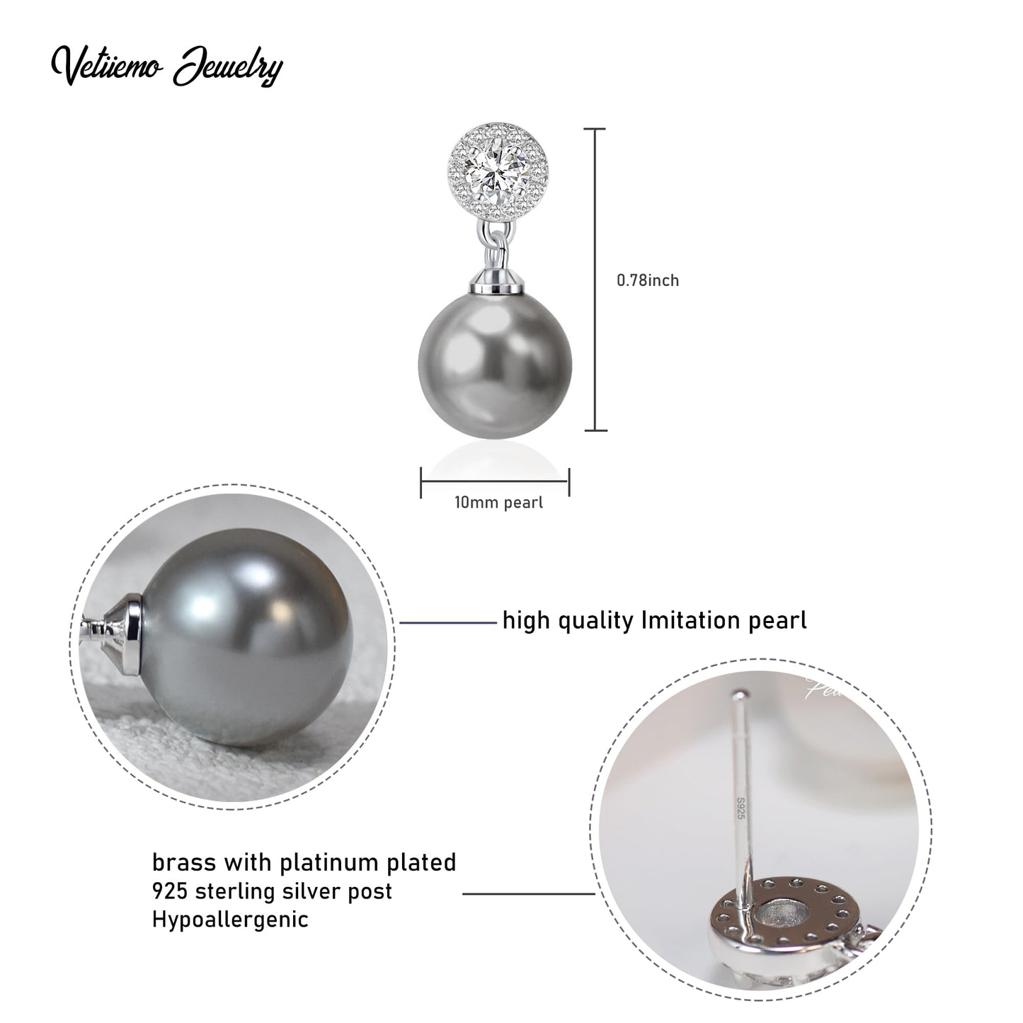 Elegant Imitation Diamond Pearl Drop Earrings Bride Bridesmiad Dangle Pearl Earrings for Women Wedding Party Everyday Wear (Grey)
