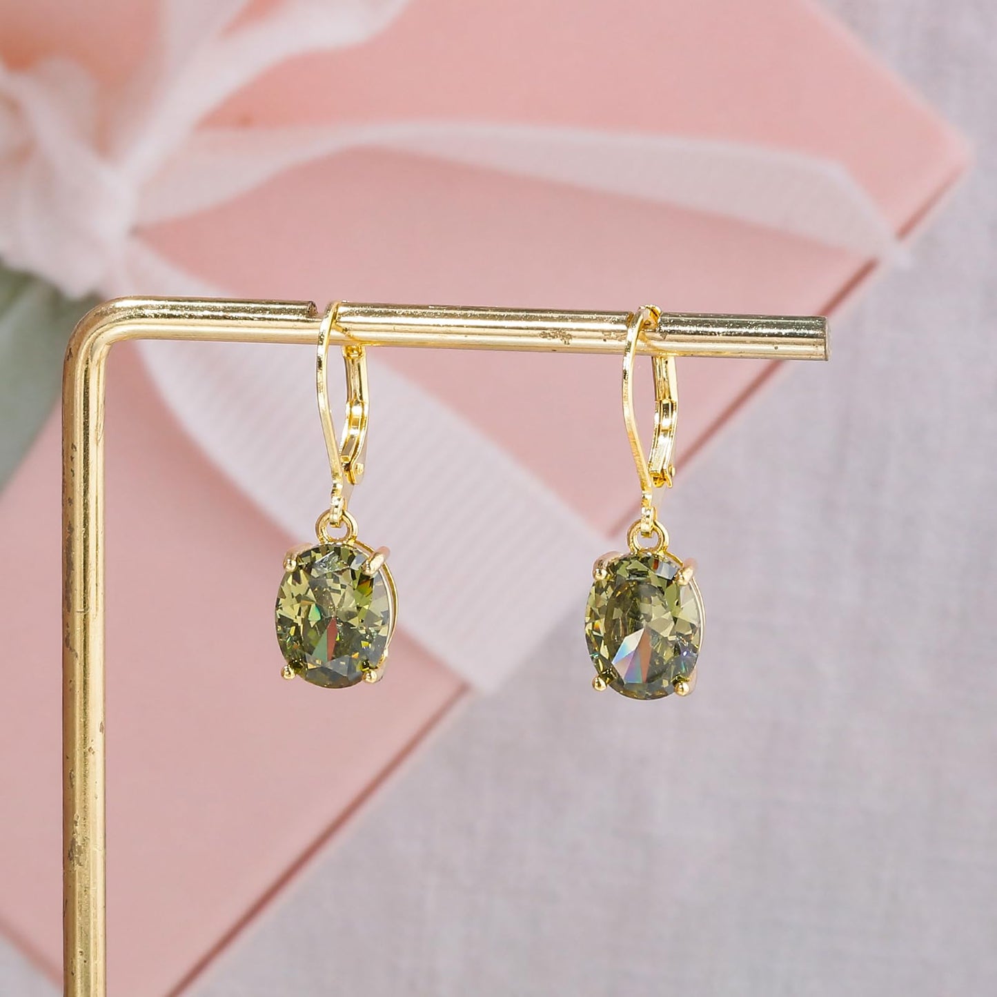 CiNily Cut-Oval Leverback Dangle Earrings for Women Peridot Cubic Zircon 14K Gold Plated Hypoallergenic Hanging Earrings Lightweight Summer Drop Earrings