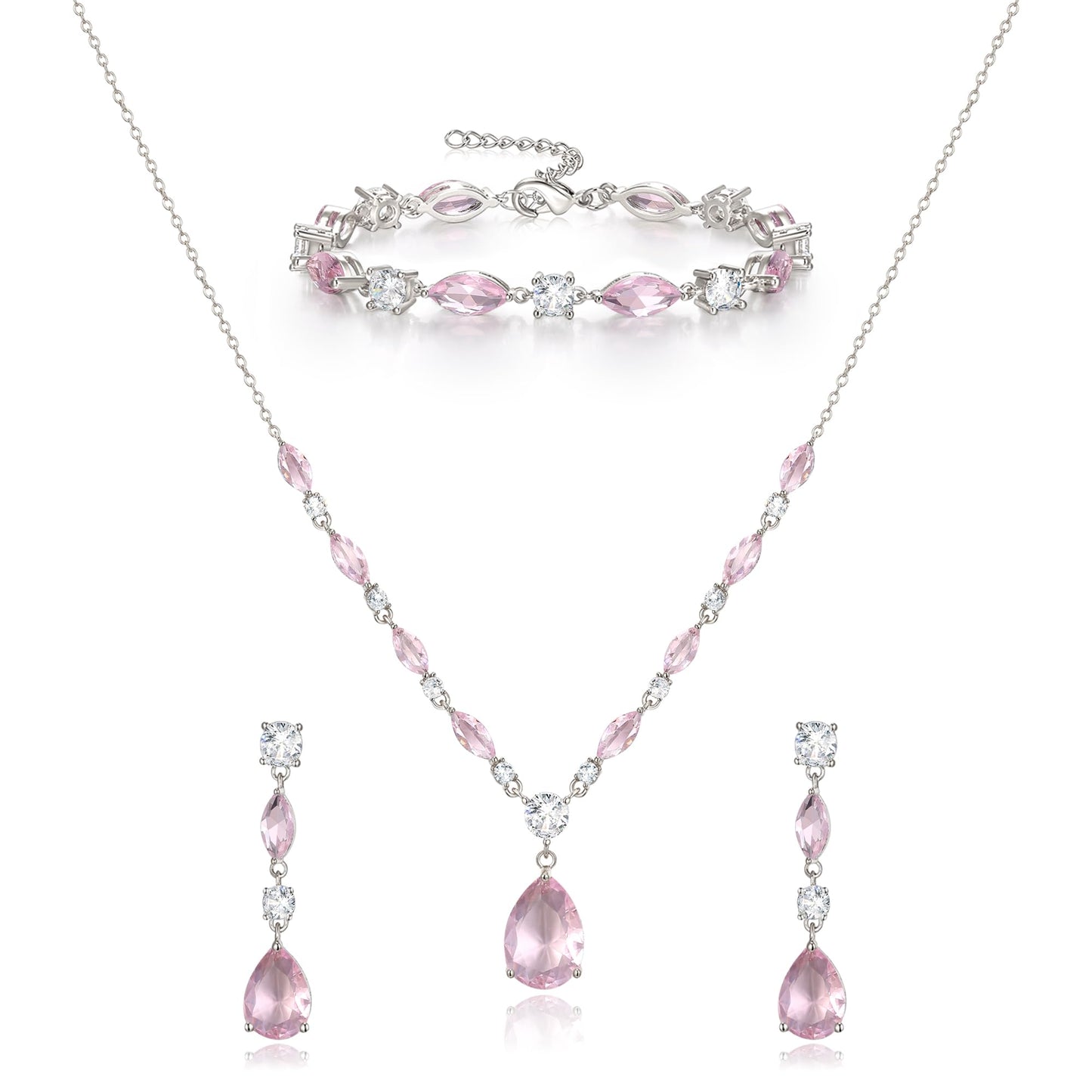 EVER FAITH Pink Cubic Zirconia Costume Party Jewelry for Women, Sparkly CZ Elegant Teardrop Wedding Necklace Dangle Earrings Bracelet Set for Bridesmaid