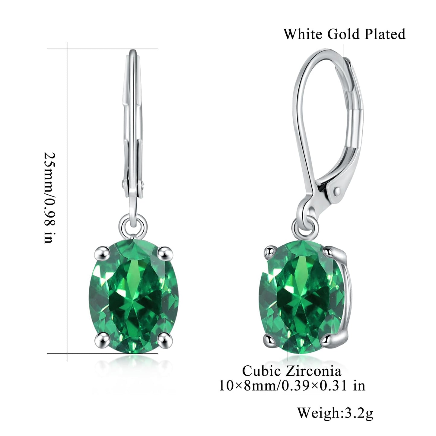 CiNily Cut-Oval Leverback Dangle Earrings for Women Green Cubic Zircon 14k White Gold Plated Hypoallergenic Hanging Earrings Lightweight Summer Drop Earrings
