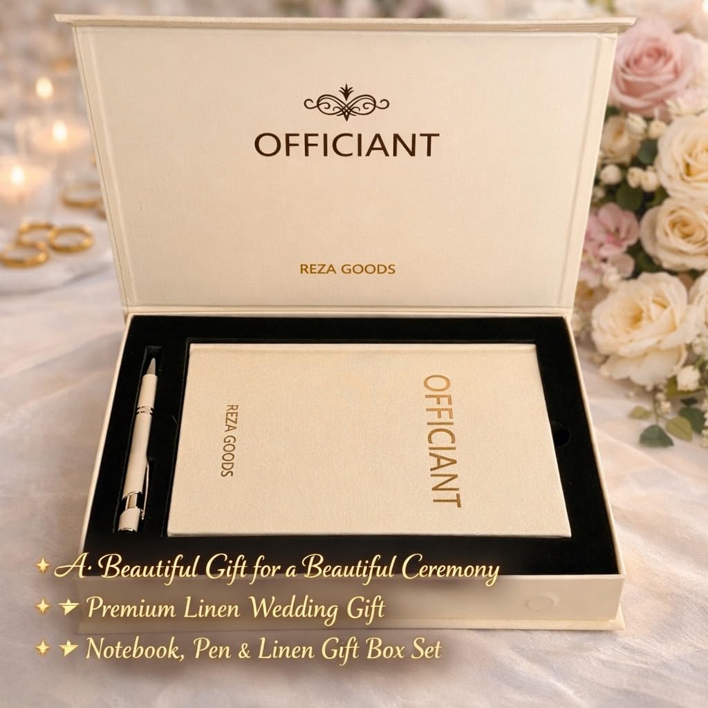 Wedding Officiant Book with Pen – A5 Wedding Ceremony Journal, Bride & Groom Signature Keepsake, 150 Lined Pages (75 Sheets), 140gsm Thick Paper, Linen Cover & Gift Box, Gold Foil Stamped
