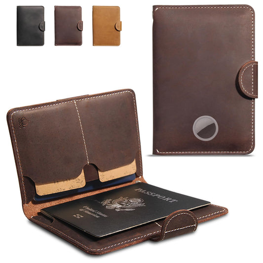 XGUO RFID Passport Holder for Travel with Airtag Slot(Hidden) - Genuine Leather Passport Wallet, Large Capacity Passport Cover for Men & Women, Family & Couples, Christmas Gift