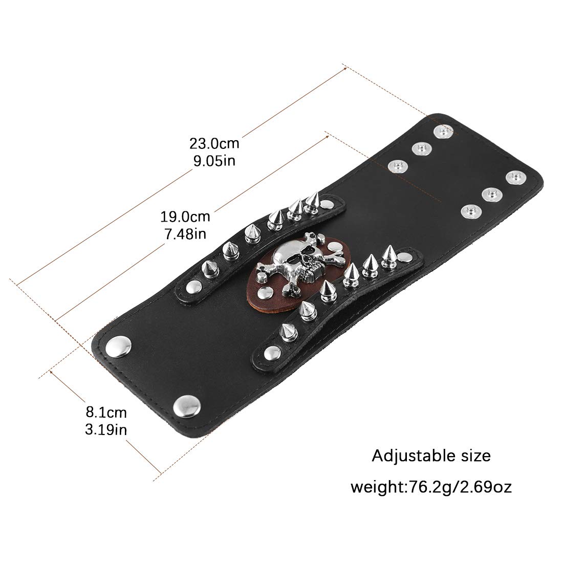 HZMAN Men's Metal Rivet Skull Leather Bracelet Punk Rock Bike Style Wristband Adjustable