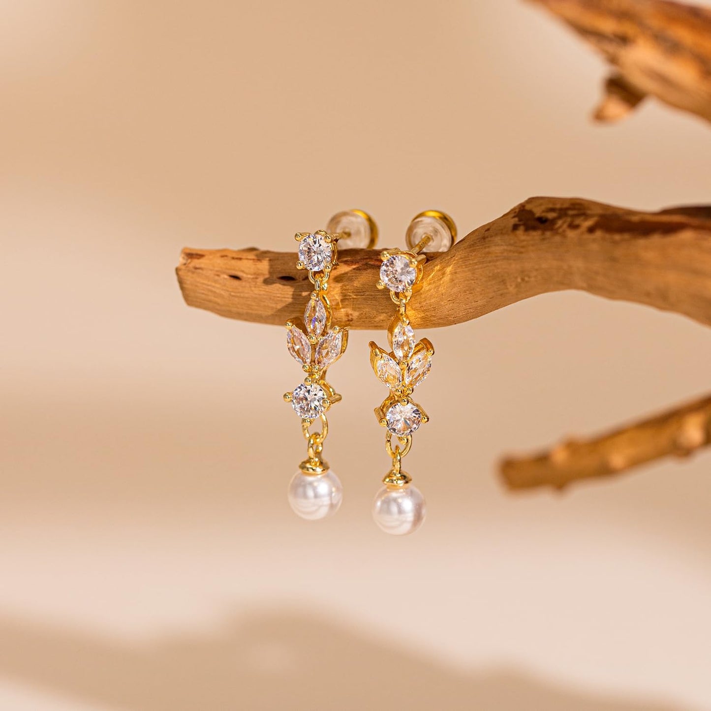 PRTGL Pearl Earrings: 14k Gold-plated Cubic Zirconia Accented Pearl Dangle Wedding Engagement Earrings For Women Bridal Bridesmaid (Leaf Designed)