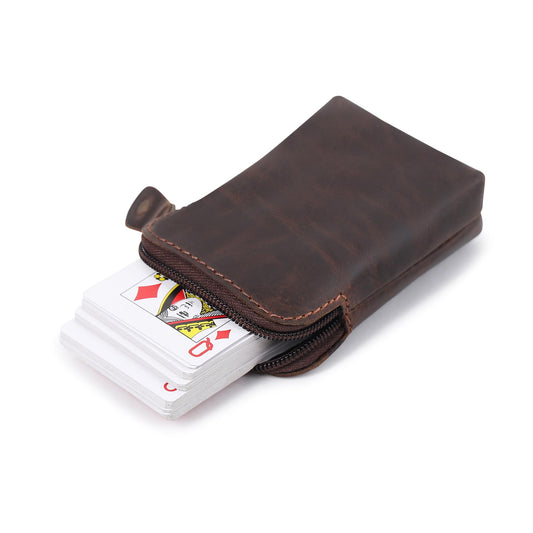 CestAntiQ Premium Full-Grain Leather Playing Card Case Zippered Card Deck Holder for Poker and Bridge Travel Accessory Secure Multi-Purpose Wallet Leather Cards Holder Brown