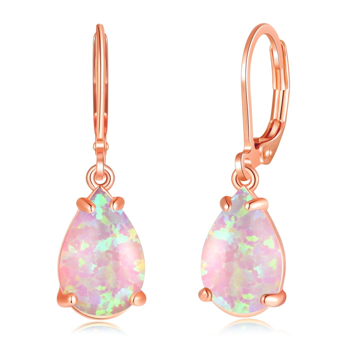 CiNily Teardrop Leverback Dangle Earrings for Women Hypoallergenic Pink Opal Pendant Drop Earrings 14K Rose Gold Plated Hanging Lever Earrings Fashion Jewelry for Sensitive Ears