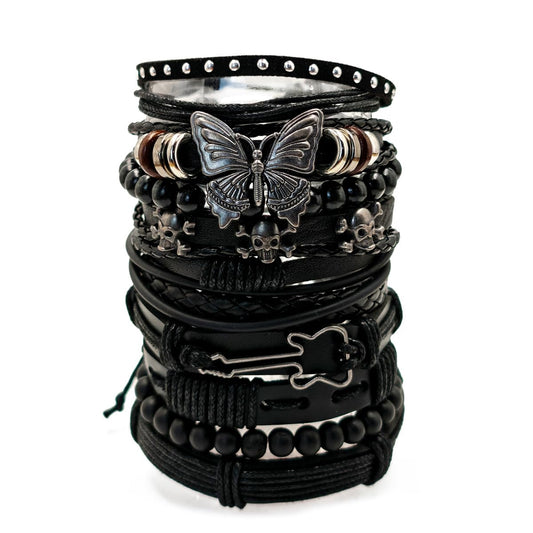 Aijewelop 10pcs/set Black Punk Style PU Leather Bracelet Set - Adjustable Cuff Wraps for Men & Women, Perfect for Casual Attire & Gifting
