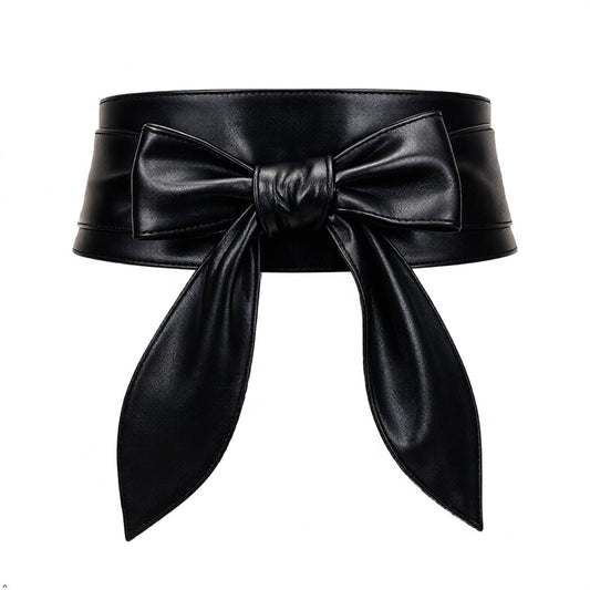 Clove Rise Women Wide Waist Belt | Soft PU Leather Obi Belt | Wrap Around Knotted Tie Belt for Dresses | Fashionable Long Sash with Bow | Plus Size Adjustable Waistband (black)